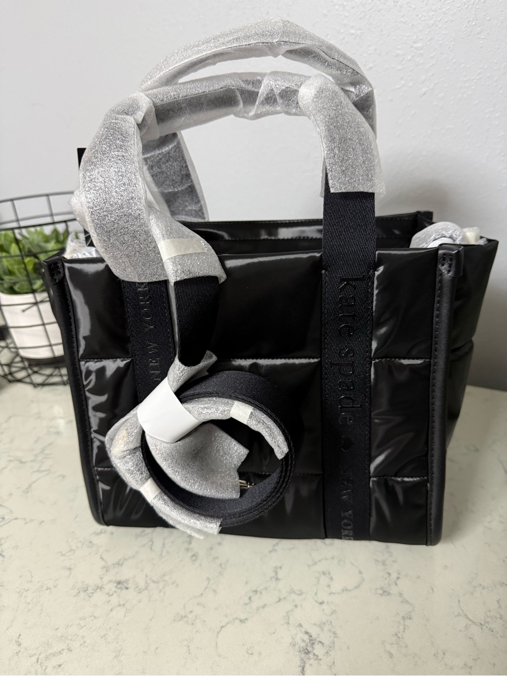 kate spade black puffy fabric tote